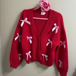 Elegant Red Cardigan with Pink Bows